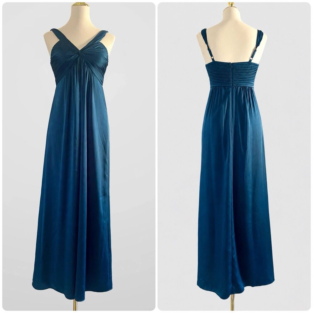 BCBGMaxAzria Teal Blue Silky Satin Twist Neckline Formal Maxi Dress Womens sz 4